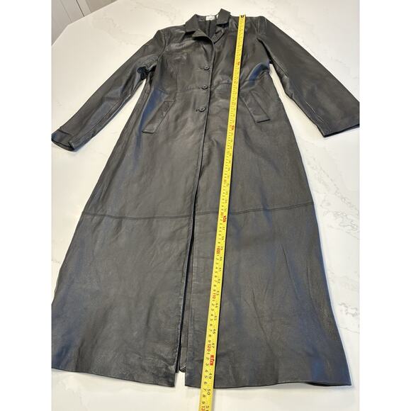 Vintage Newport News Leather Trench Coat Black Size M Long Classic Button Lined - Picture 4 of 7